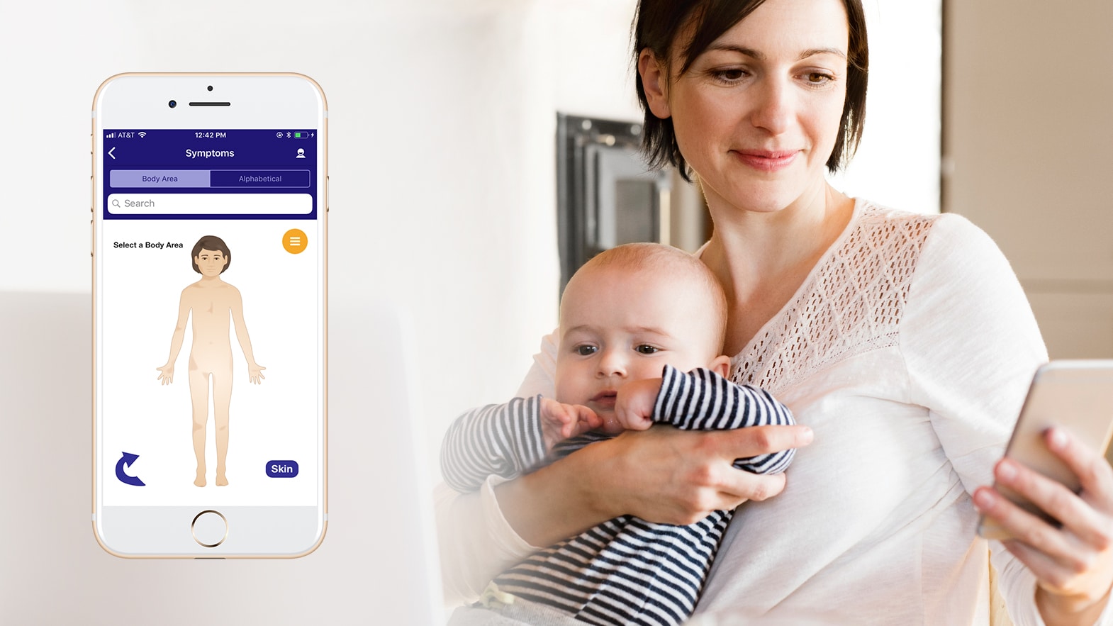 Mother with baby checking for online medical advice and using self-triage tools from AppCatalyst