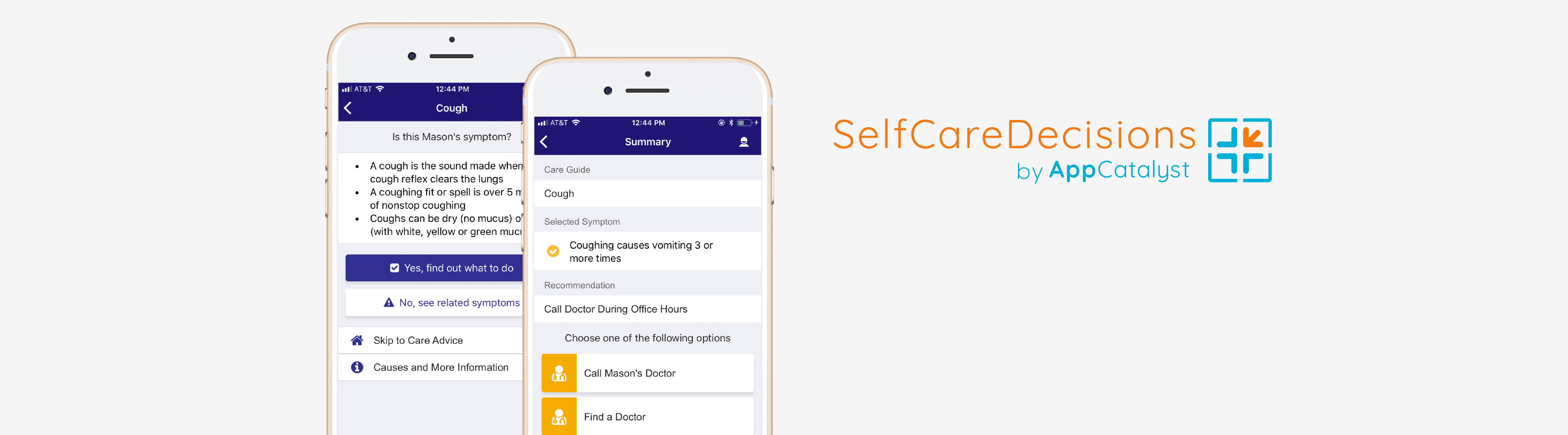 Self Care Decisions self-triage and online medical advice platforms shown on iPhone screen