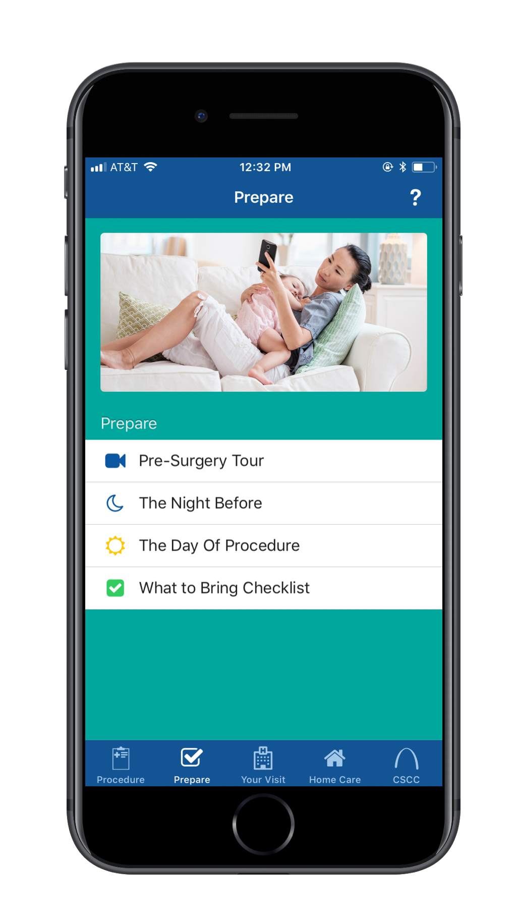 Screen cap of the Surgery Partner surgery app with information for patients on how to prepare for their operation
