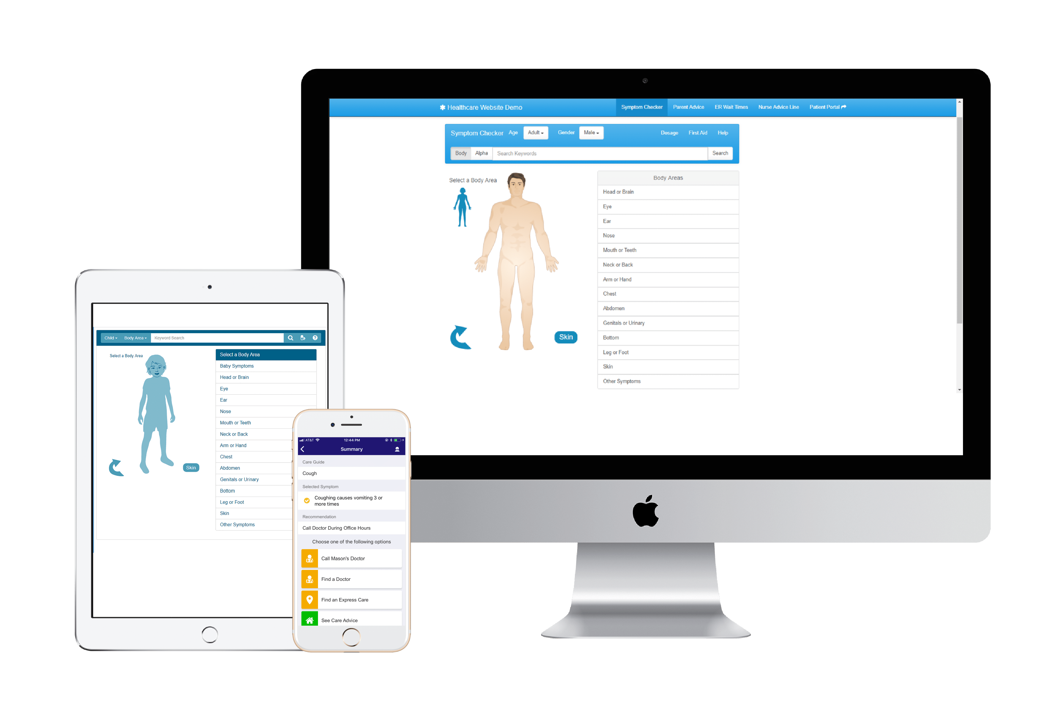 Phone and computer screens with AppCatalyst's self-care tools and triage protocols displayed