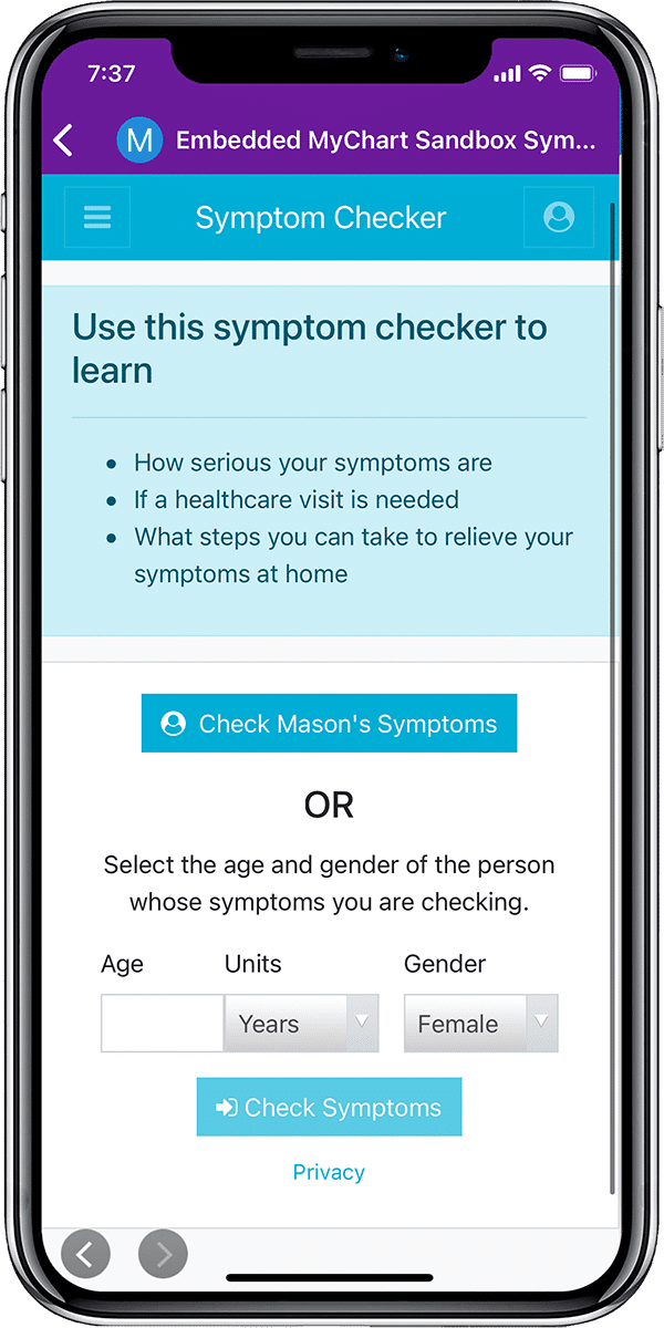 MyChart Symptom Checker Screen