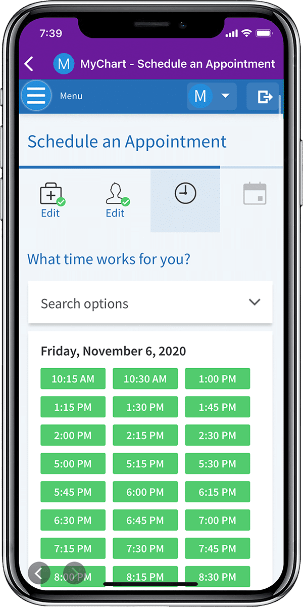 MyChart Schedule Appointment Screen